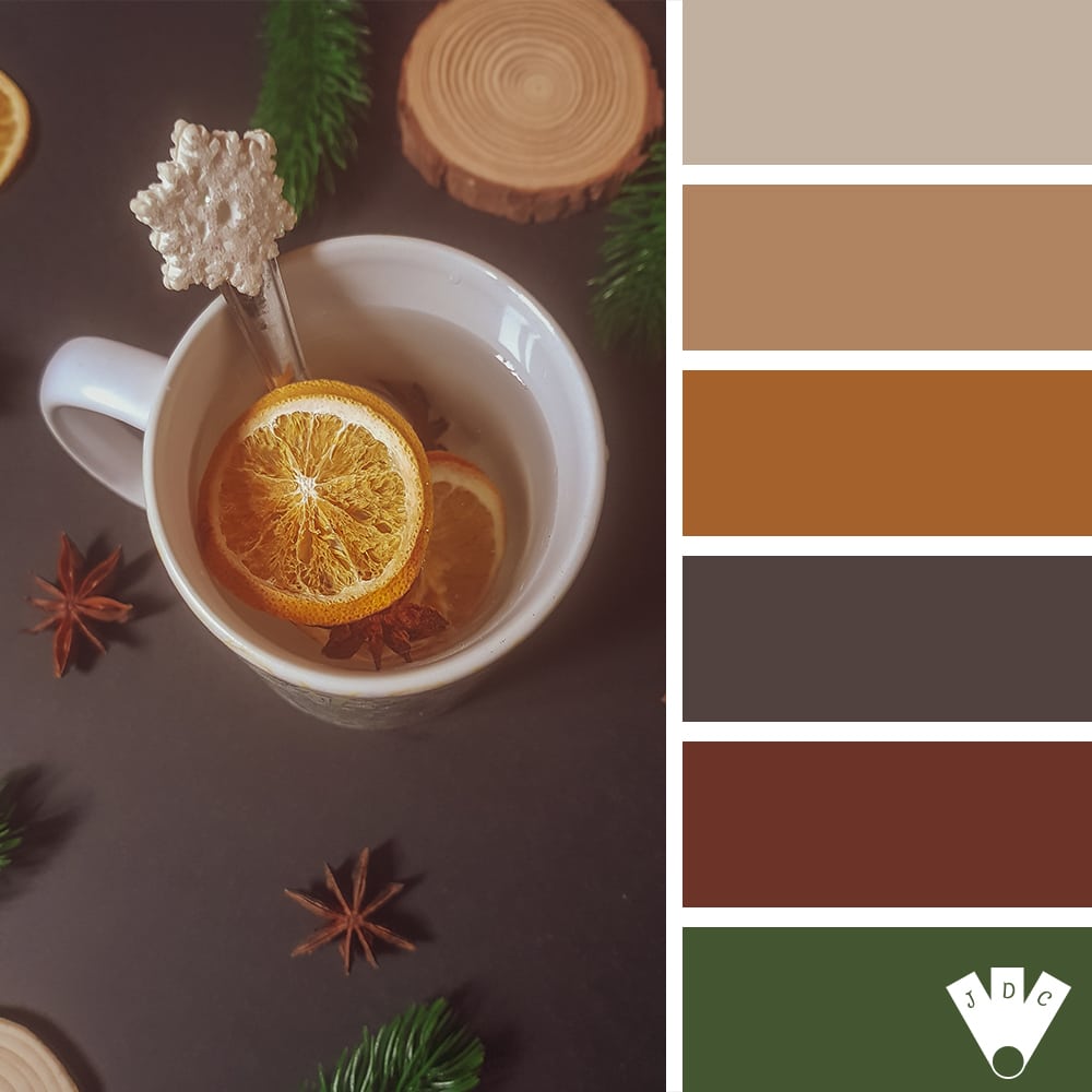 Color palette d'hiver avec un mug et sa cuillère flocon. Un thé aux oranges