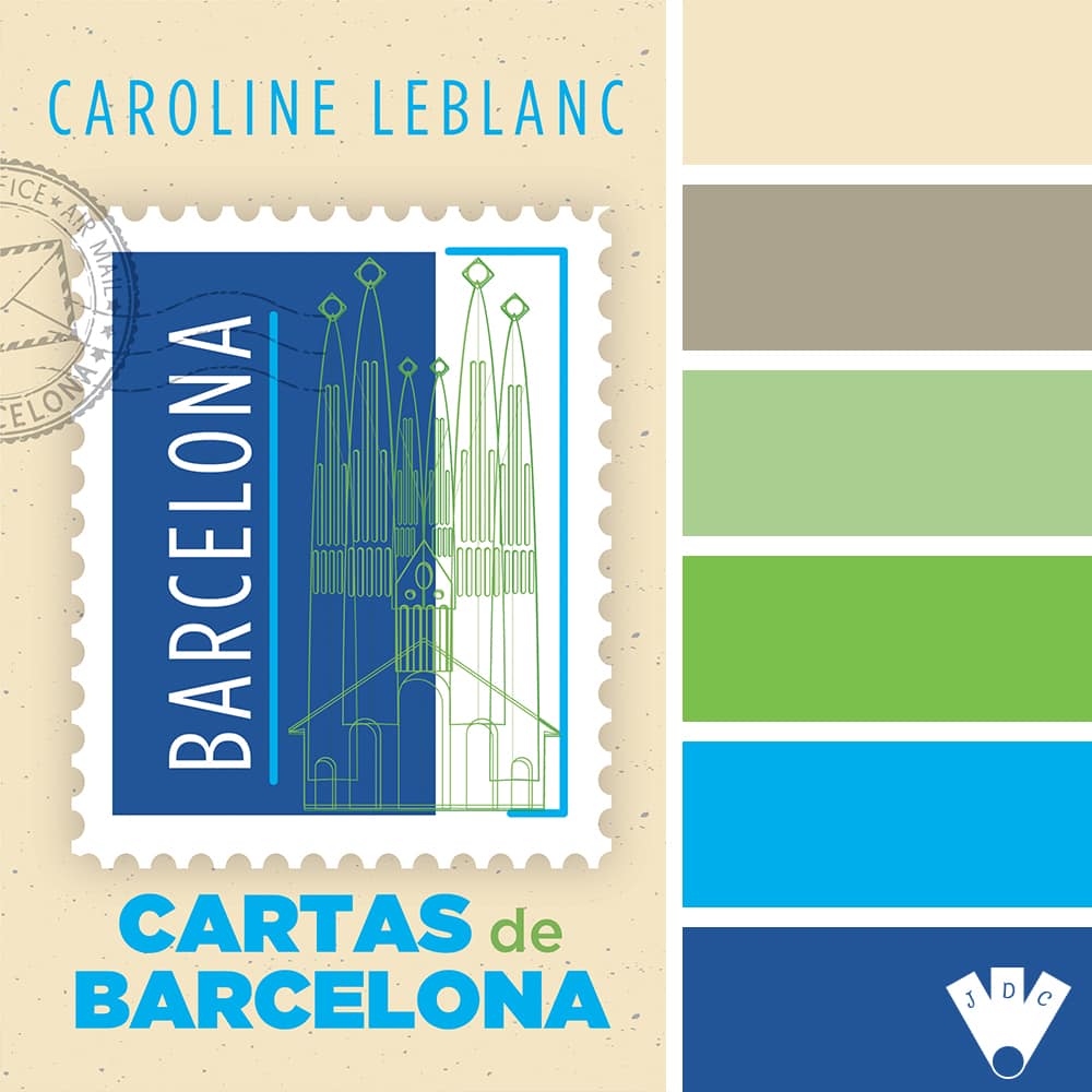 Paleta de colores de la portada del libro "cartas de Barcelona" de la autora Caroline Leblanc