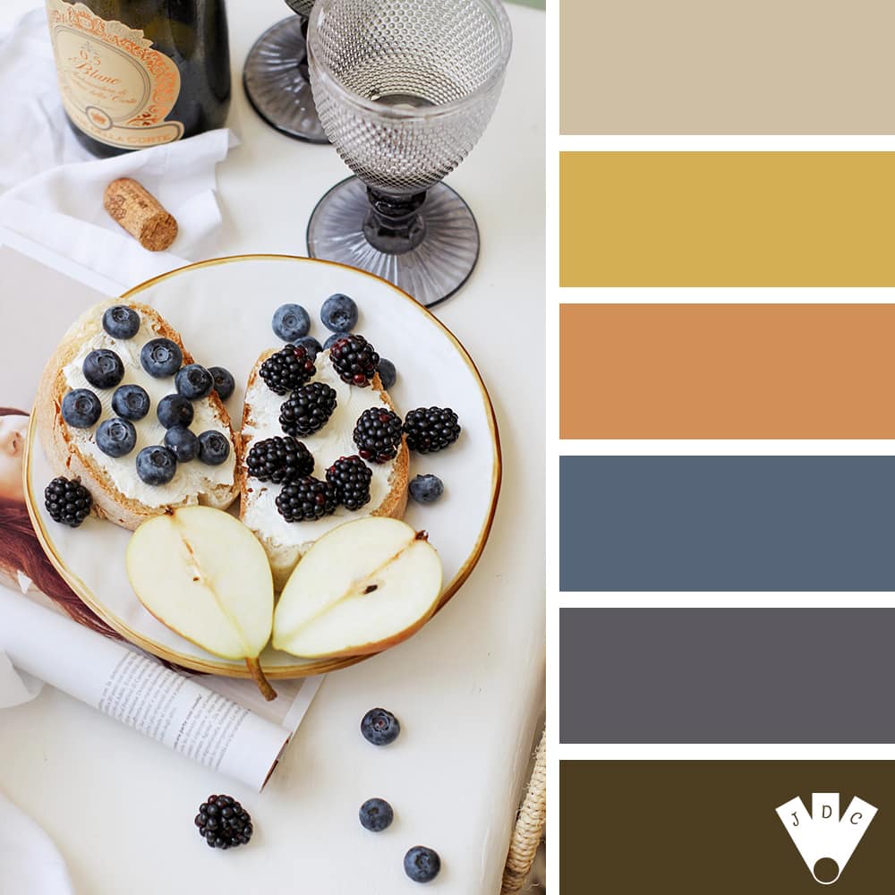 Color palette à partir d'une photo de nourriture saine. Mûre et myrtilles sur tartine de fromages frais.