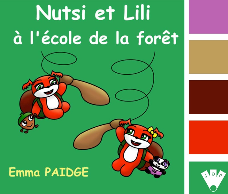 Color palette à partir de la couverture du livre "Nutsi et lili à l'école de la forêt" de l'autrice Emma Paidge.