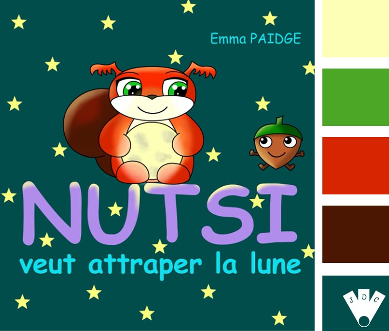 Color palette à partir de la couverture du livre "Nutsi veut attraper la lune" de l'autrice Emma Paidge.