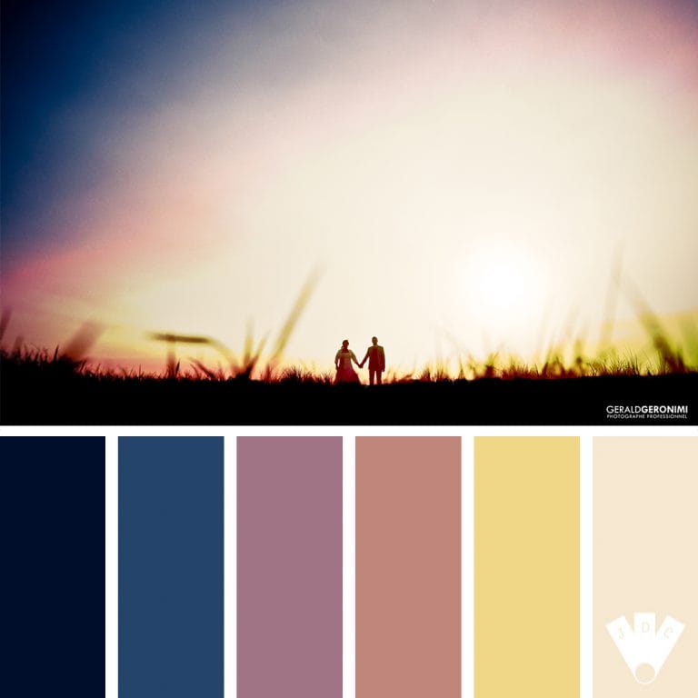 Color palette à partir d'une photo des mariés Aurélie et Christopher au couché du soleil, par le photographe de mariage Gérald Geronimi.
