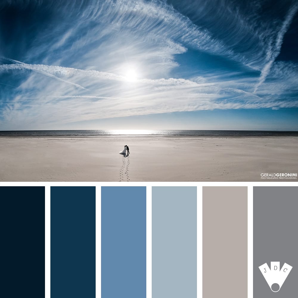 Color palette à partir d'une photo des mariés Mina et Stéphane sur la plage du Touquet, par le photographe de mariage Gérald Geronimi.