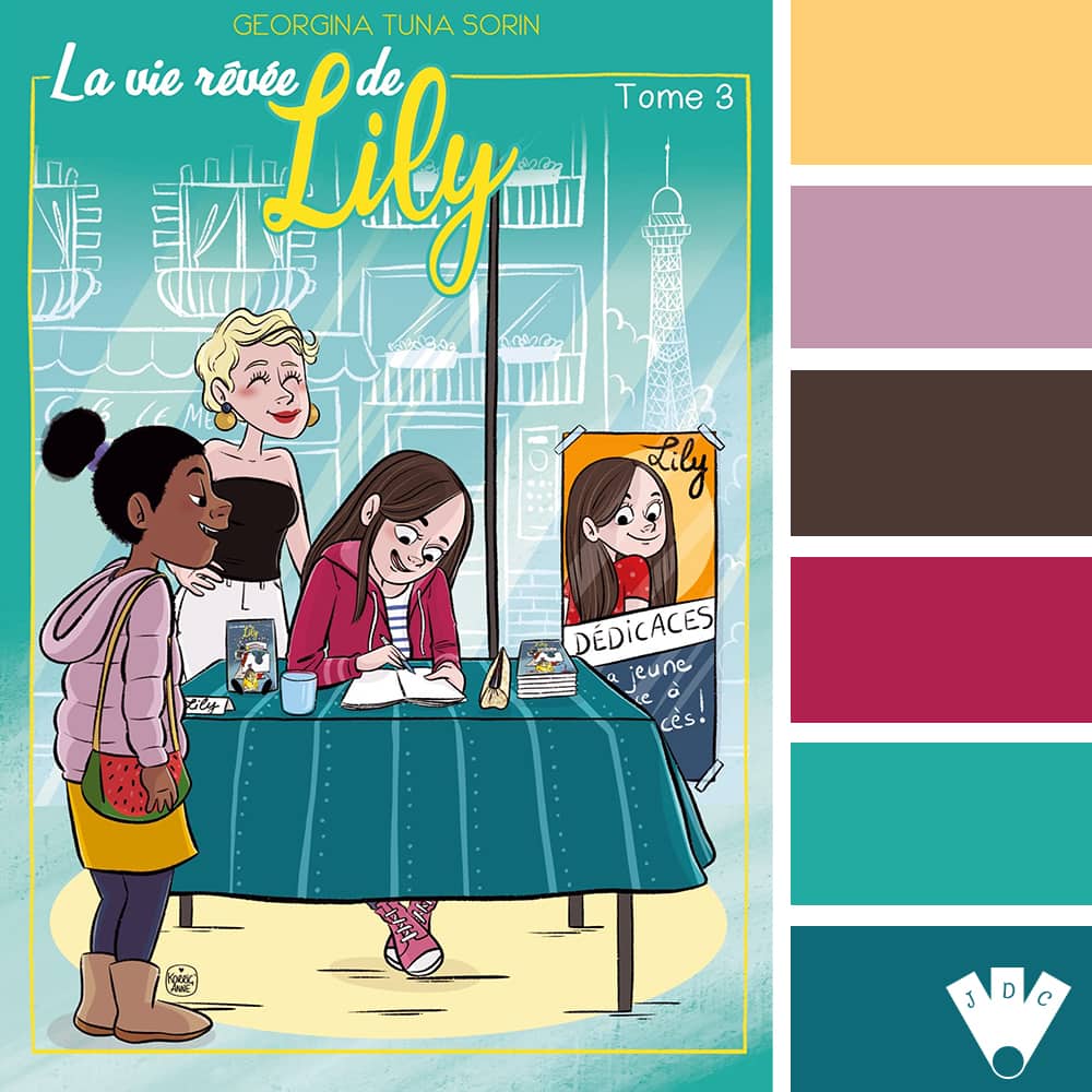 Color palette à partir de la couverture du livre "La vie rêvée de Lily T3" de Georgina Tuna Sorin