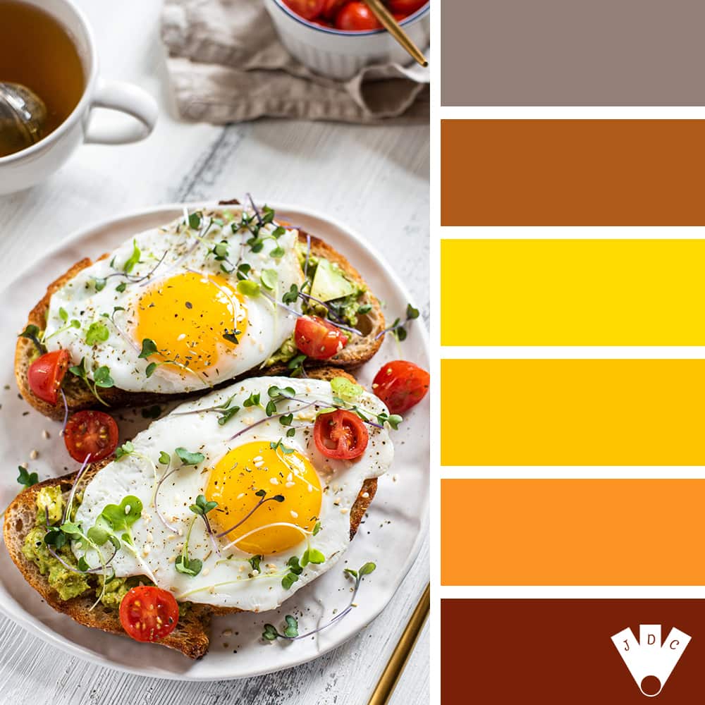 Color palette d'une assiette avec sandwichs pour le petit-déjeuner avec des œufs au plat, du guacamole d'avocats biologiques et des tomates cerises sur du pain fraîchement coupé.