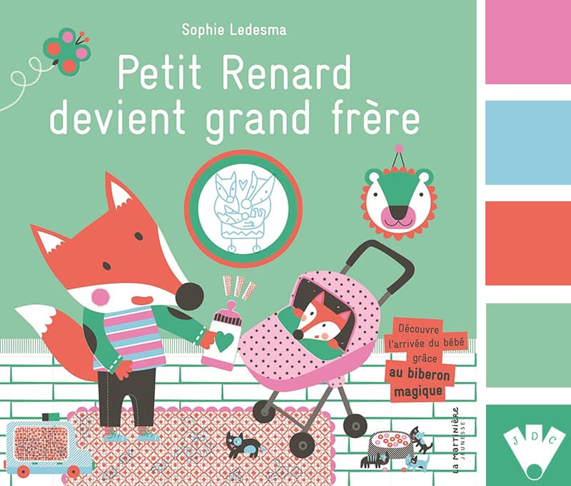 Color palette à partir de la couverture du livre "Petit renard devient grand frère" de Sophie Ledesma.