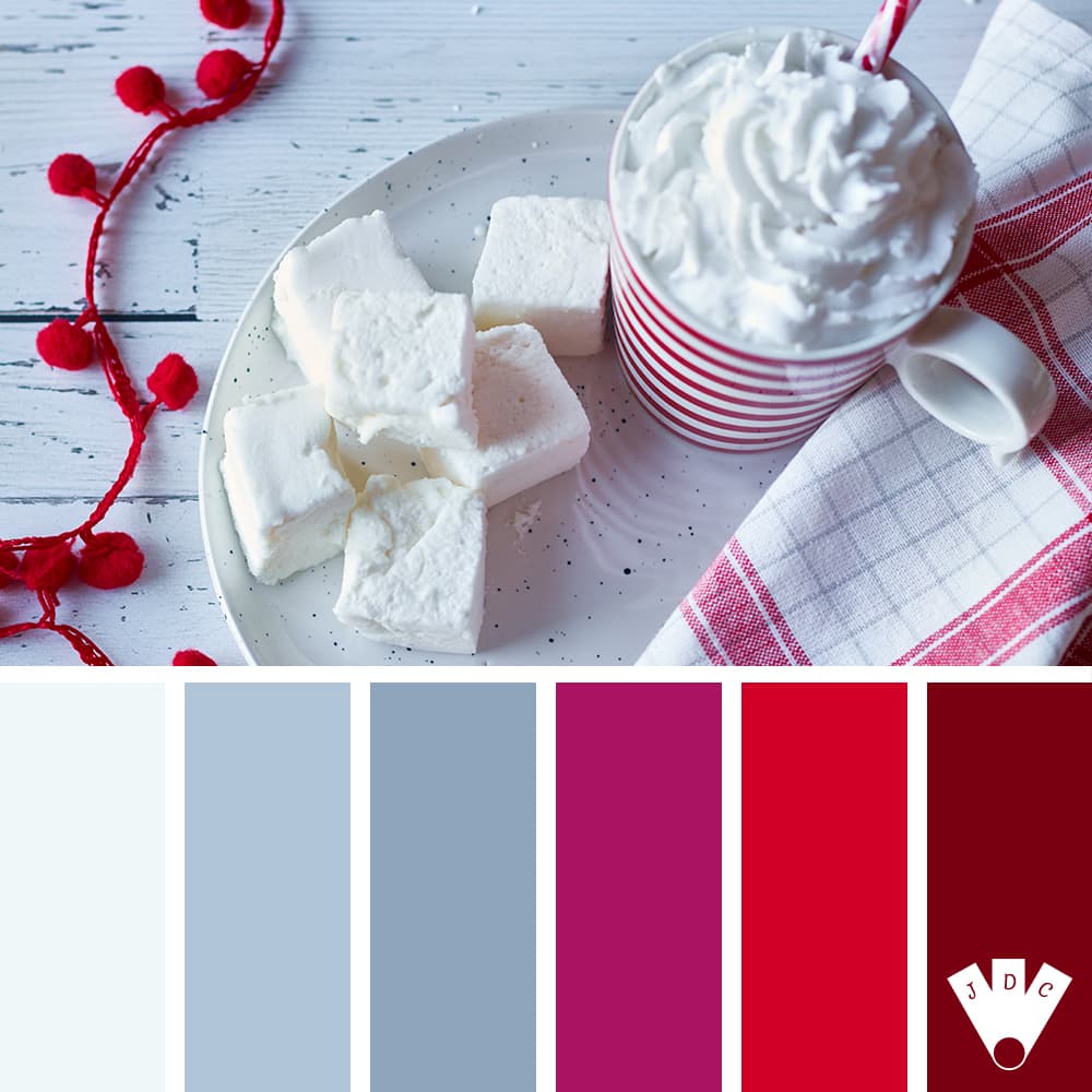 color palette à partir d'une photo d'une tasse avec de la crème chantilly det de guimauve dans une assiette avec un torchon blanc et rouge