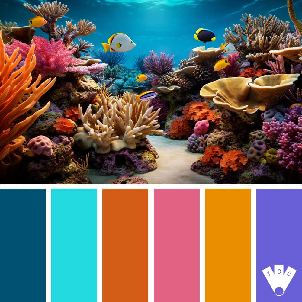 color palette à partir d'une photo de poissons colorés dans un aquarium au milieu de coraux