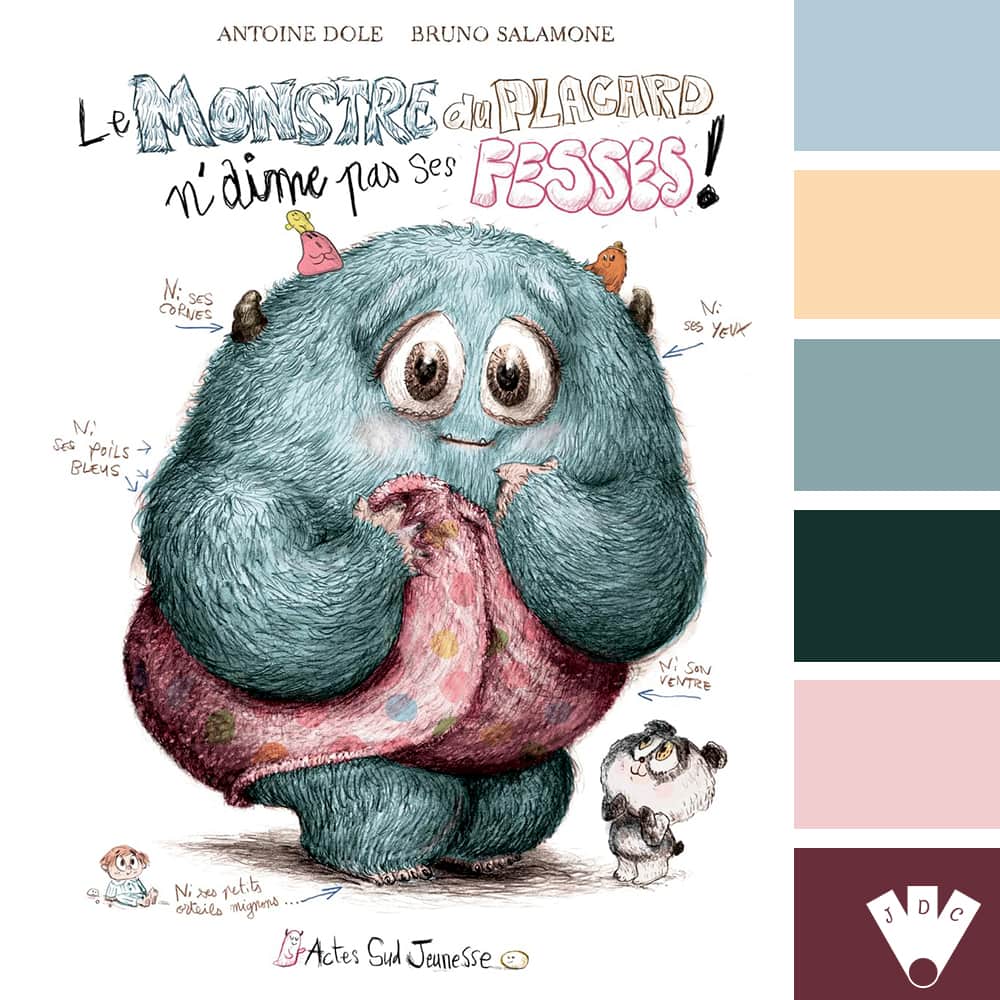 Color palette à partir de la couverture du livre "Le monstre du placard n'aime pas ses fesses ! " d'Antoine Dole