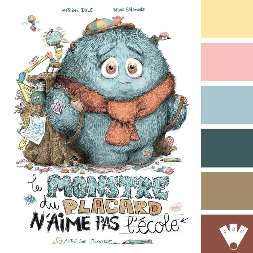 Color palette à partir de la couverture du livre "Le monstre du placard n'aime pas l'école" d' Antoine Dole.