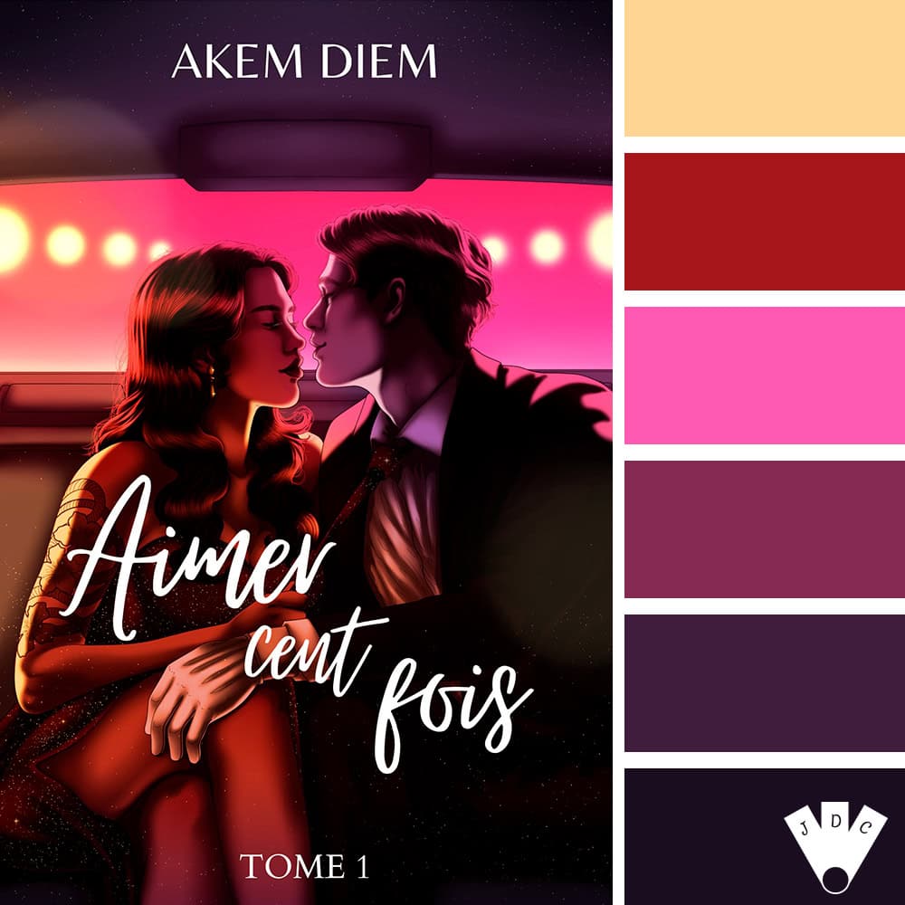 Palette de couleurs inspirée de "Aimer cent fois : Tome 1" d'Akem Diem. Teintes romantiques : jaune doux, rouge passion, rose vif, prune, bordeaux et violet profond.