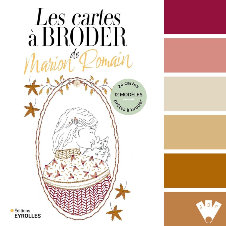 Couverture du livre "Les cartes à broder de Marion Romain". L'image montre une illustration d'une femme brodant avec un chat, ainsi qu'une palette de couleurs automnales.