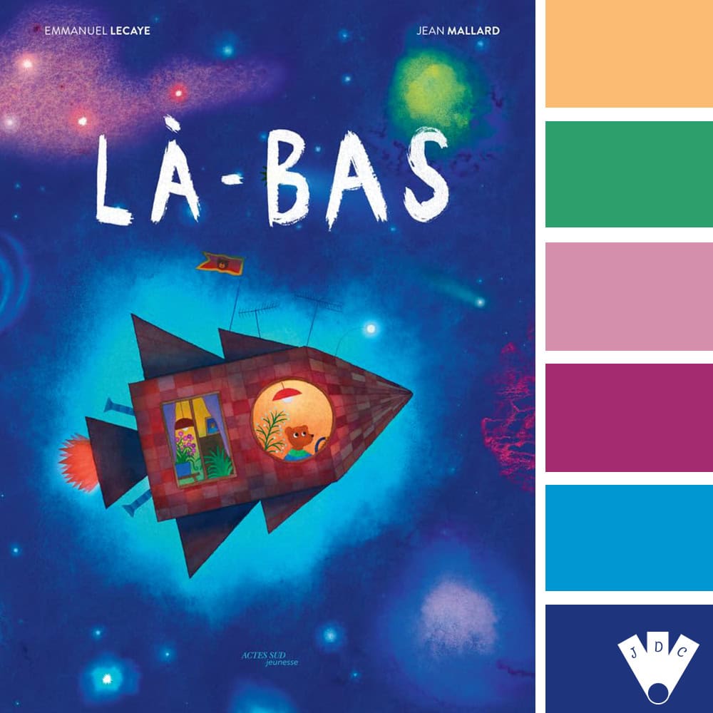 Palette de couleurs inspirée de l'album jeunesse 'Là-bas' d'Emmanuel Lecaye et Jean Mallard. Ces teintes vives et contrastées évoquent l'aventure spatiale, le rêve et l'exploration. Idéal pour illustrer des projets créatifs autour de l'enfance et de la découverte.
