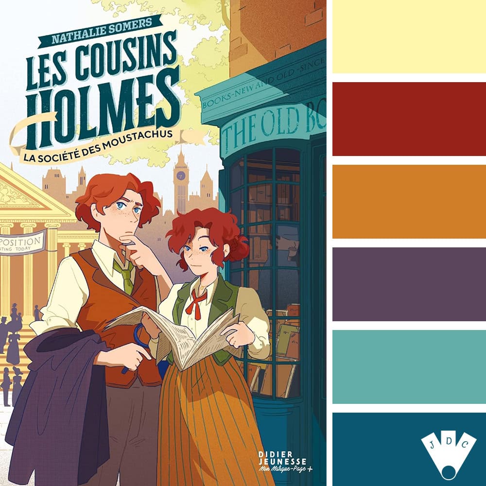 Palette rétro tirée de la couverture du livre Les Cousins Holmes, avec tons chauds et bleus, ambiance Londres vintage