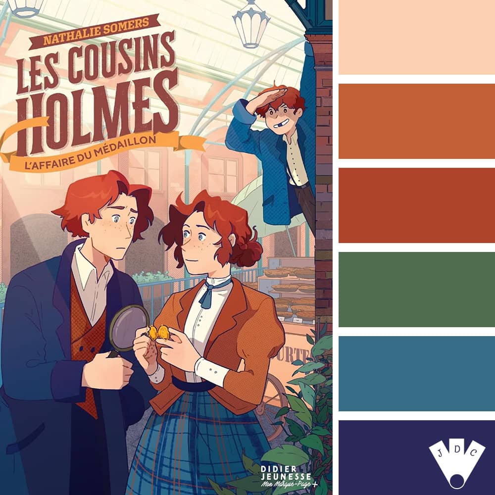 Palette inspirée de la couverture du tome 3 des Cousins Holmes, avec des tons rétro : briques, bleus, verts et beige clair.