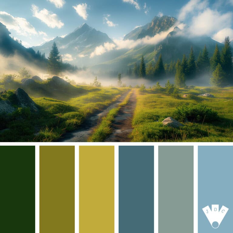 Palette de couleurs inspirée d’un sentier de montagne au lever du jour, avec brume légère, sapins et lumière dorée.