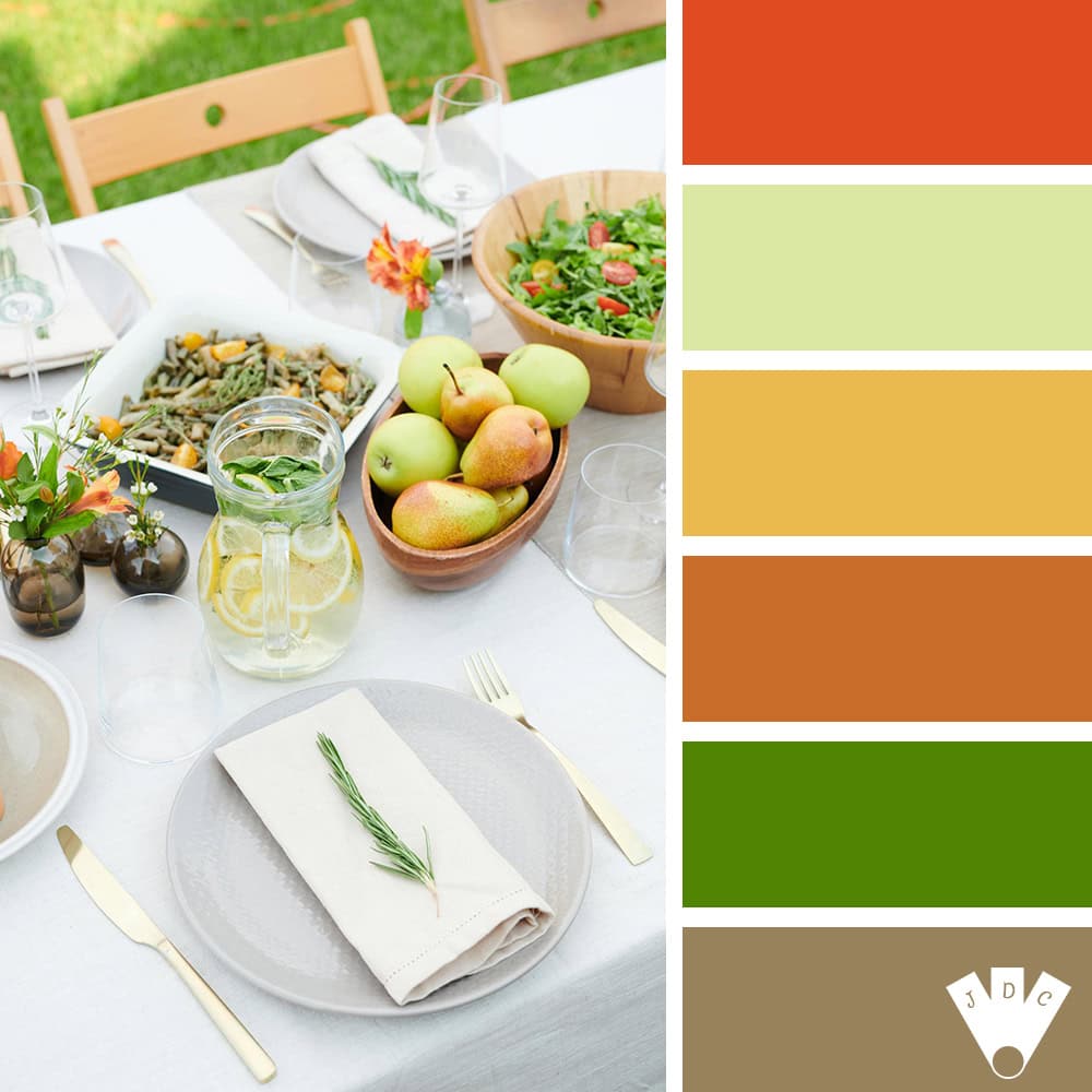 Table joliment dressée en extérieur avec fruits frais, salade, haricots, citronnade maison et vaisselle élégante.
