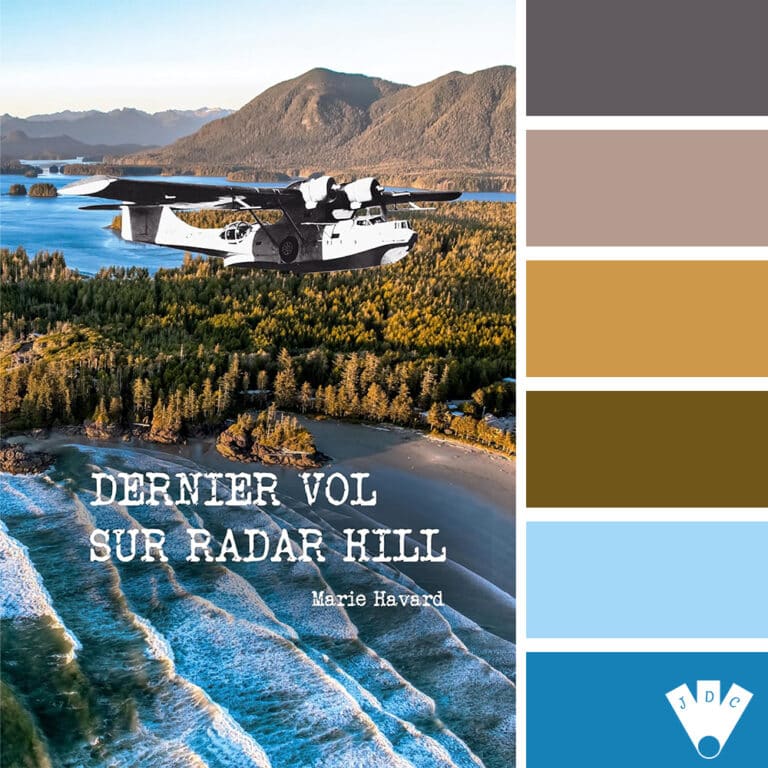 Palette de couleurs extraite de la couverture du livre "Dernier vol sur Radar Hill" de Marie Havard, avec un hydravion en vol au-dessus d'une forêt et de l'océan.