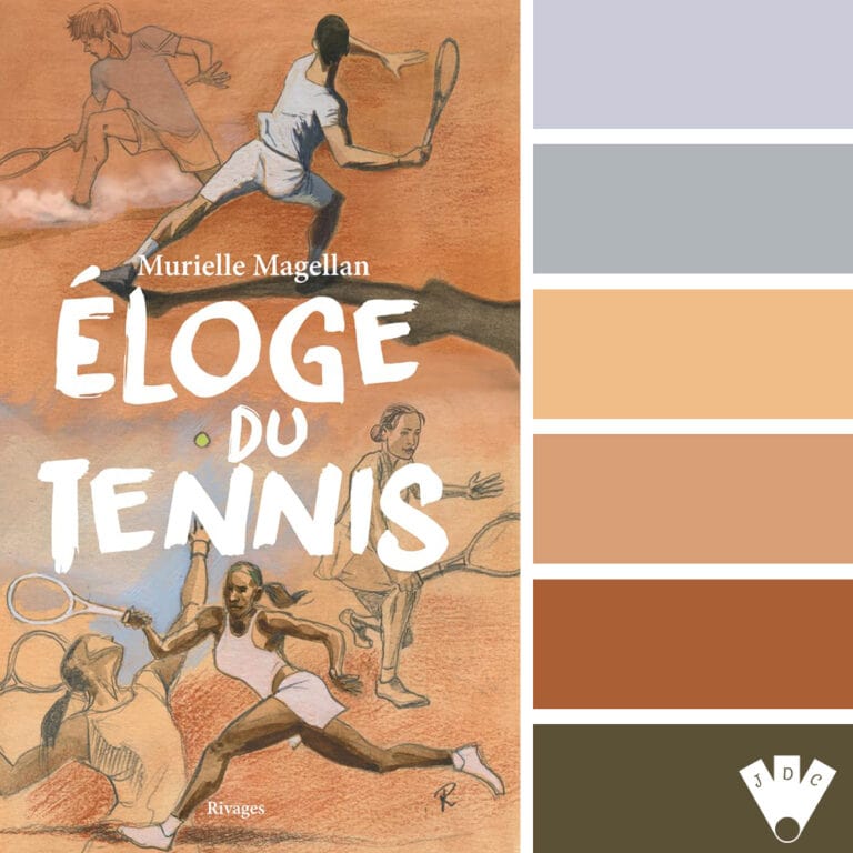 Couverture du livre "Éloge du tennis" de Murielle Magellan, illustrée de joueuses et joueurs sur un court ocre. Un hommage littéraire à ce sport.