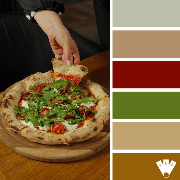 Palette de couleurs inspirée d’une pizza rustique à la roquette et aux tomates cerises