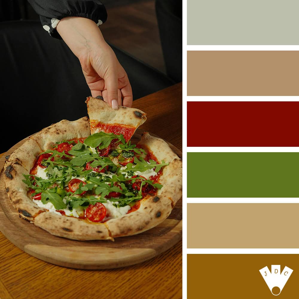 Palette de couleurs inspirée d’une pizza rustique à la roquette et aux tomates cerises