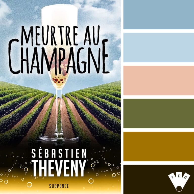 Palette de couleurs inspirée de la couverture du roman "Meurtre au Champagne" de Sébastien Theveny. Tons dorés, bruns, champagne et gris perle.
