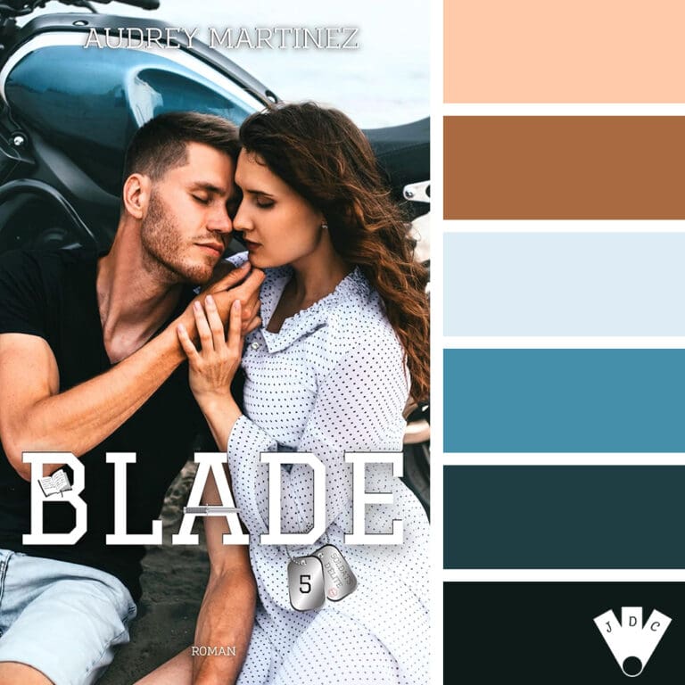 Palette de couleurs inspirée du roman BLADE d’Audrey Martinez : bleu acier, sable chaud, brun intense, noir profond et bleu océan.