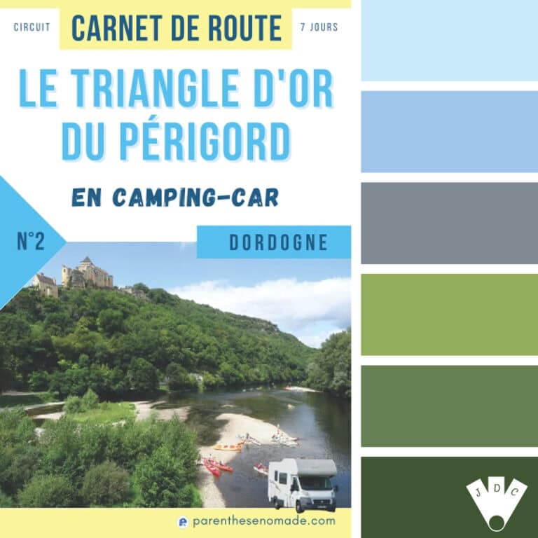 Palette de couleurs inspirée du carnet de route "Le Triangle d'Or du Périgord en camping-car" : bleus doux, gris ardoise et verts naturels de Dordogne.