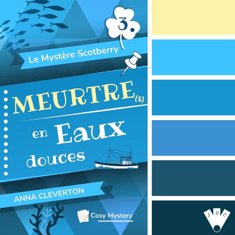 Palette de couleurs inspirée du cosy mystery Meurtre(s) en Eaux douces d’Anna Cleverton, avec des nuances de bleu aquatique, turquoise, bleu nuit et une touche de jaune pastel.
