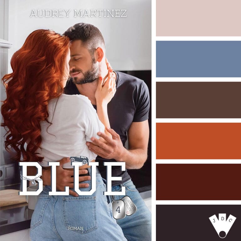 Palette de couleurs inspirée du roman "BLUE" d’Audrey Martinez : teintes contrastées mêlant rose chair, bleu jean, brun cuir, orange brûlé et bordeaux intense.