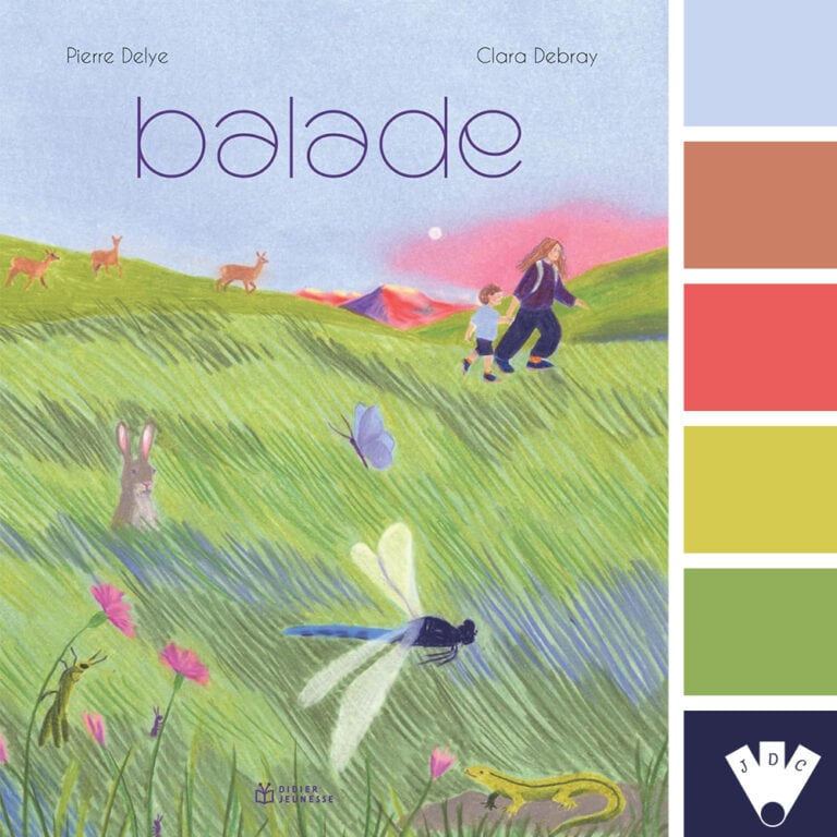 Palette de couleurs inspirée du livre Balade de Pierre Delye et Clara Debray avec des tons verts, pastel et ambiance nature enfantine