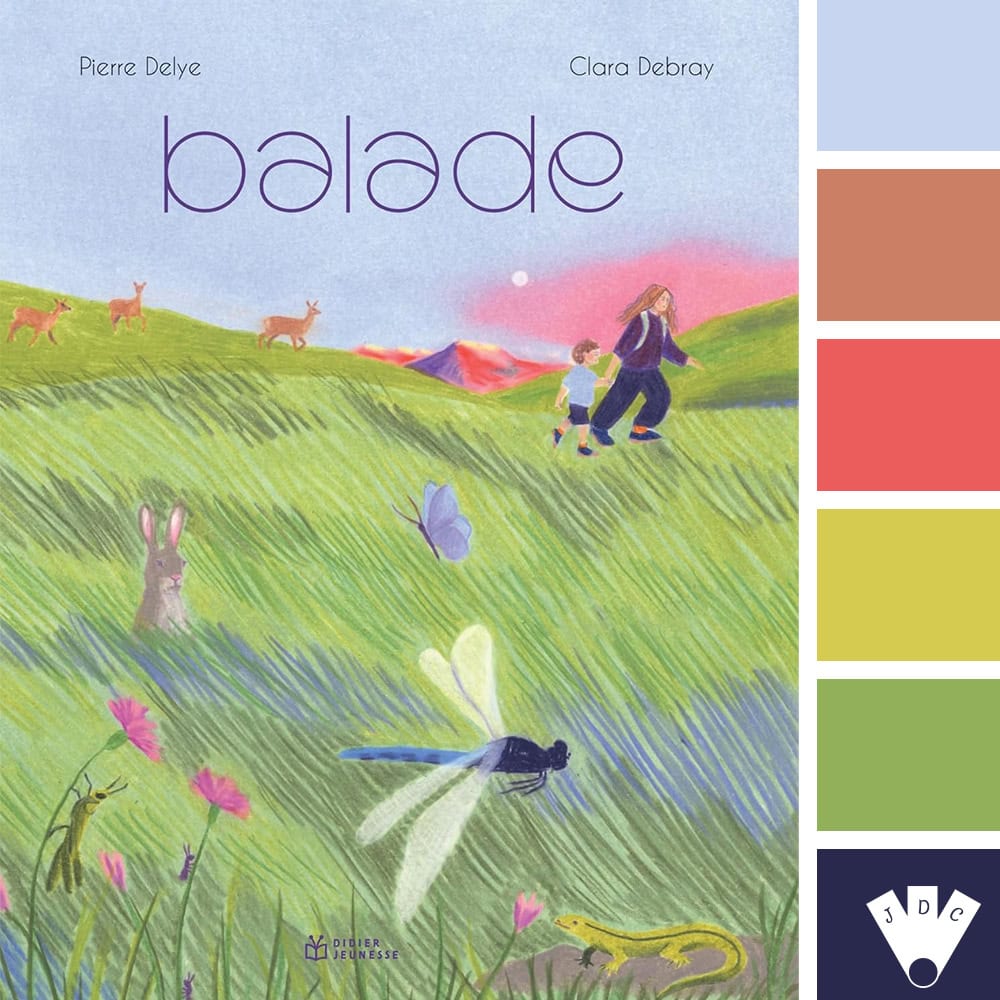Palette de couleurs inspirée du livre Balade de Pierre Delye et Clara Debray avec des tons verts, pastel et ambiance nature enfantine